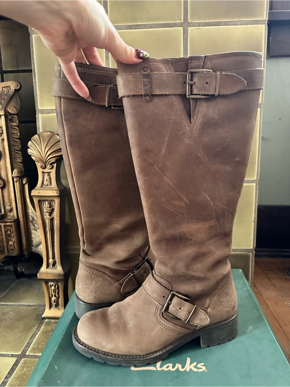 [clarks] Orinocco Skip Brown Leather Tall Buckle Riding Boots